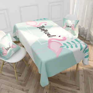 Tropical style flamingo tablecloth with mint green geometric patterns and matching pillows