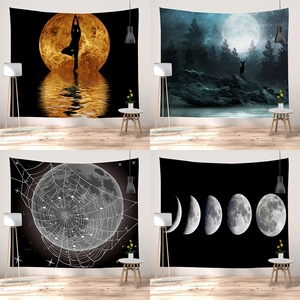Nordischer Wandteppich Mondphase Wald Elch Sternenhimmel Yoga Silhouette Polyester Wandbehang Deko Für Schlafzimmer Wohnzimmer