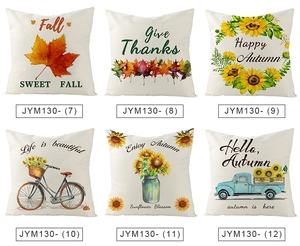 Detailed grid of six polyester pillow covers with autumn maple leaves and sunflowers