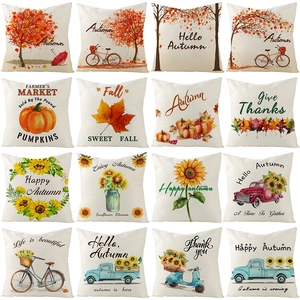 Thanksgiving Autumn Cushion Cover Linen Sunflower Pumpkin Maple Leaf Vintage Truck Decorative Throw Pillow Case For Sofa Home Decor