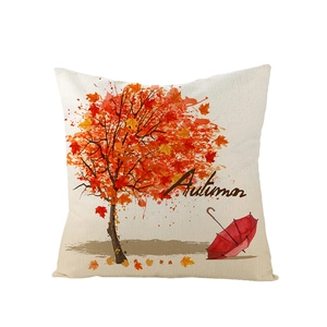 Autumn watercolor maple tree and red umbrella pillow case with linen texture print