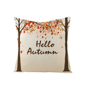 Hello Autumn maple leaves and tree pattern square pillow cover made of textured fabric