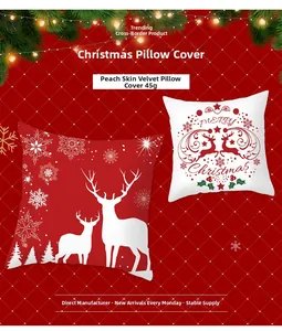 Close-up of 45g peach skin fabric Christmas pillowcases with red reindeer and snowflake patterns