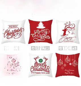 Detailed view of six Christmas pillow covers featuring red and white festive patterns