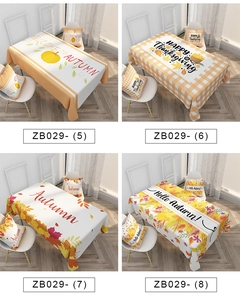 Autumn linen tablecloth and pillow set featuring pumpkin and maple leaf patterns