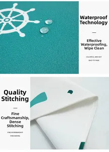 Close-up of waterproof nautical table cloth showing helm print and durable stitching
