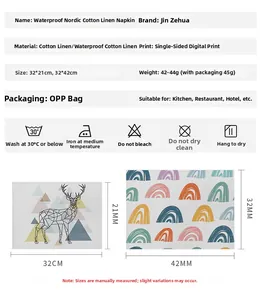 Size chart for linen table placemats showing measurements and washing instructions