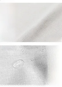 Detailed view of waterproof cotton linen placemat with hydrophobic water droplets and texture