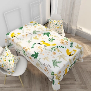 Nordic cotton linen tablecloth with yellow fox and green leaves forest pattern for dining table
