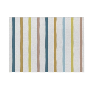 Linen placemat with minimalist geometric vertical stripes in blue, yellow and pink