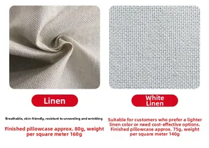 Comparison of linen pillowcase fabrics showing 160gsm natural and 140gsm white textures
