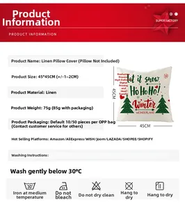 Detail showing 45x45cm Christmas linen pillowcase specifications and material information