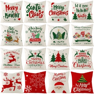 Christmas Pillowcase Polyester Linen Look Cartoon Santa Reindeer Printed Cushion Cover For Sofa Home Decor Party Holiday Supplies