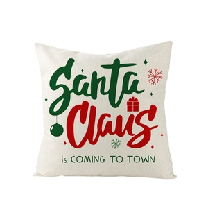 Christmas pillowcase with Santa Claus is Coming to Town print on beige linen fabric