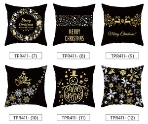 Six Christmas pillowcase designs featuring gold reindeer, snowmen, and festive typography