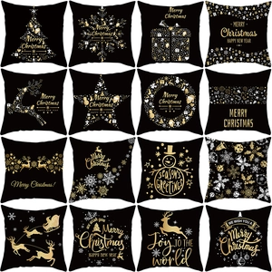Black Gold Christmas Pillowcase Peach Skin Velvet Throw Cushion Cover Merry Christmas Reindeer Snowflake Decorative Pillow Case