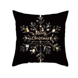 Black Christmas pillow case with gold and white snowflake graphic and holiday greetings