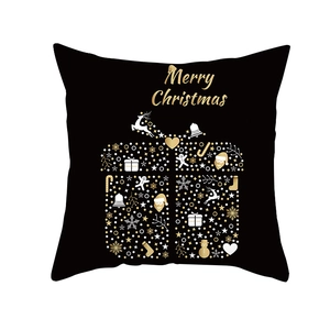 Black Christmas pillowcase with golden Merry Christmas text and gift box graphic