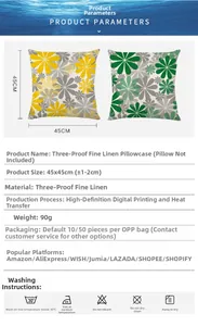 Detailed specifications for waterproof floral linen pillow covers in 45x45cm size