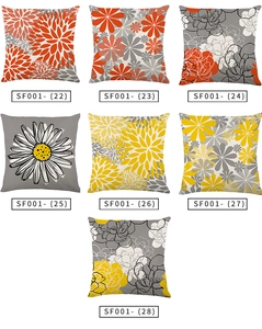 Detail of waterproof linen cushion covers with various floral prints and SKU numbers
