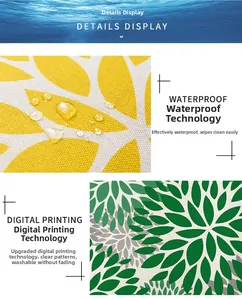 Macro view of waterproof fabric showing digital leaf print and hydrophobic water droplets