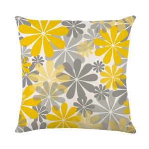 Waterproof floral polyester linen cushion cover with modern yellow and grey flower print