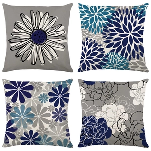 Set of four navy and grey floral waterproof pillow covers for modern home sofa decor