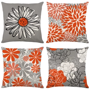 Set of 4 waterproof floral pillow covers in grey and orange for living room sofas