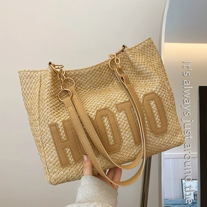 Large Straw Tote Bag Woven Handbag With PU Leather Strap Metal Chain Letter Patch Summer Beach Vacation Fashion For Women
