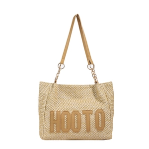 Large woven straw tote bag with HOOTO leather patch and golden chain shoulder straps
