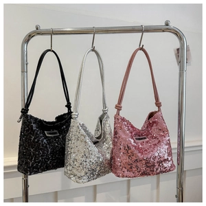 Glitzernde Pailletten-Einkaufstasche in Schwarz, Silber und Rosa mit runden Tragegriffen