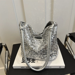Women's Fashion Sequin Tote Bag Sparkling PU Leather Shoulder Bag Underarm Purse With Fashion Letter Label For Daily Party