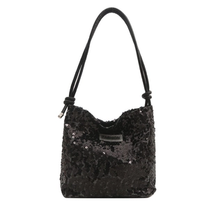 Sac à épaule chic à paillettes noires avec lanières en cuir nouées pour la soirée