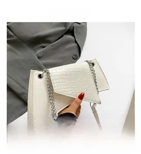 Detail of white crocodile-embossed bag featuring silver chain strap and metal eyelet