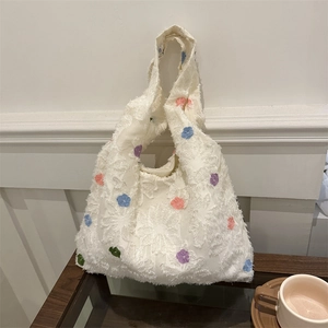 White knit tote bag with 3D floral textures and colorful embroidery for casual wear