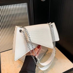 Mini white crossbody bag with crocodile texture flap and silver chain strap