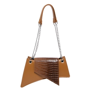 Brown asymmetric crossbody bag with crocodile pattern and silver chain strap for women