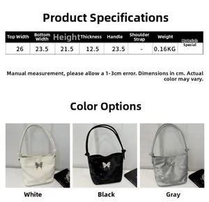 Tableau des tailles montrant les dimensions du sac seau femme avec décor papillon