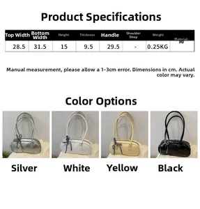 Detailed size specifications and four-color display of this PU leather shoulder handbag