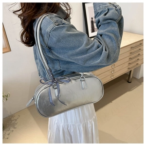 Silver PU leather bowling bag with blue checkered bow detail on the shoulder strap