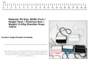 Detailed dimension guide for quilted PU crossbody bag showing 21x16x8cm size and five colors