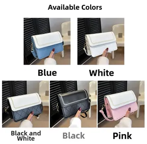 Detail of quilted crossbody bags in five colors with metal hardware and flap closure