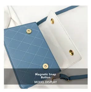 Detail view of the magnetic snap closure and quilted stitching on the blue crossbody bag