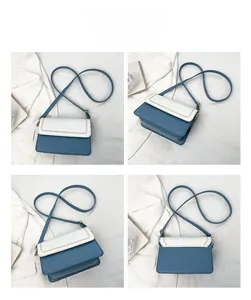 Four-angle view of a blue and white crossbody bag with classic quilted texture