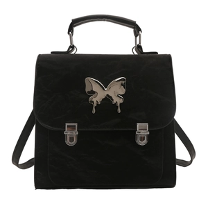 Mini black PU leather backpack with silver butterfly hardware and dual buckle closure