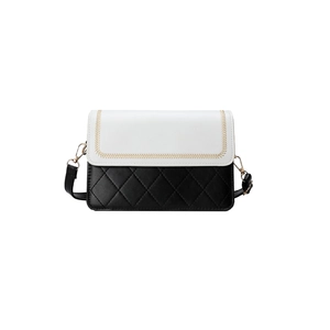 Minimalist black and white shoulder bag with diamond quilted pattern and golden embroidery