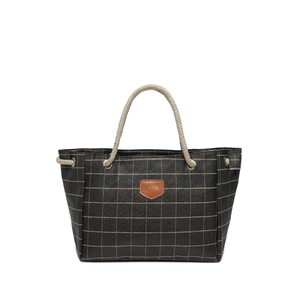 Black checkered tote bag with soft leather finish, brown logo patch, and rope handles