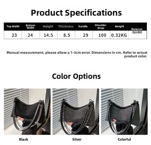 Detailed size chart and dimensions of the sparkling rhinestone crossbody handbag in three colors