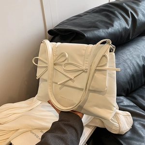 Women PU Leather Quilted Padded Shoulder Bag Double Bowknot Elegant Urban Minimalist Underarm Crossbody Bag Fashion Handbag