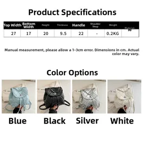 Quilted backpack detail with dimensions and color options in blue, black, silver, and white